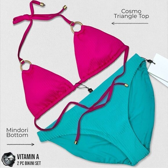 VITAMIN A SWIM BIKINI SET : MAGENTA COSMO TRIANGLE TOP + TURQUOISE MIDORI BOTTOM - Picture 2 of 16